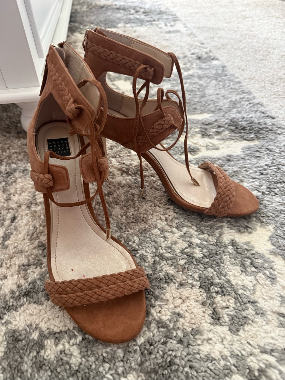 White House Black Market Tan Braided Lace-Up Suede Heels